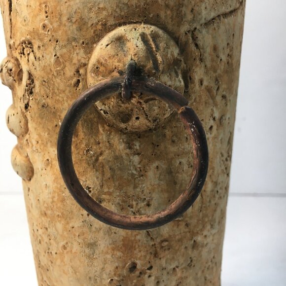 Rustic Stoneware 8" Tall Vase Metal Handles Textured Surface Home Decor - Picture 3 of 7